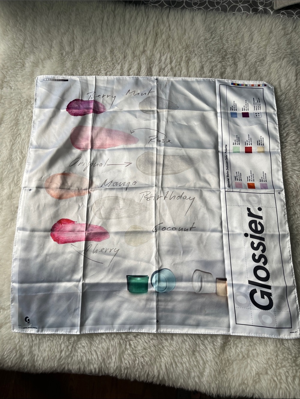 Glossier White silky Scarf with Pink and Coral Cosmetic Swatches Holiday 2019
